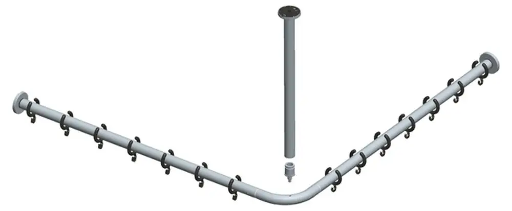 Weißes Duschvorhangstangen-Set von Keuco, bestehend aus einer gebogenen Stange mit Halterungen und einem vertikalen Stützelement.